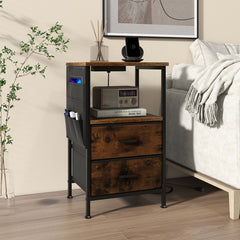 Industrial Bedside Table with USB Ports and AC Outlets for Bedroom Living Room