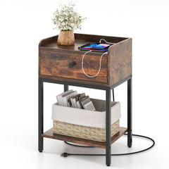 Industrial Bedside Table Nightstand with Charging Station