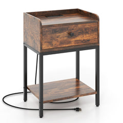 Industrial Bedside Table Nightstand with Charging Station