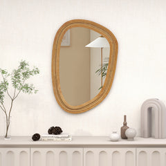 33 Inches x 23.5 Inches Irregular PVC Rattan Wall Mirror with Wooden Frame