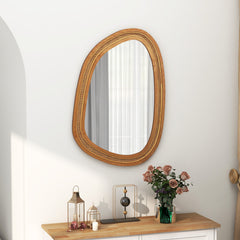 33 Inches x 23.5 Inches Irregular PVC Rattan Wall Mirror with Wooden Frame