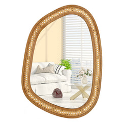 33 Inches x 23.5 Inches Irregular PVC Rattan Wall Mirror with Wooden Frame
