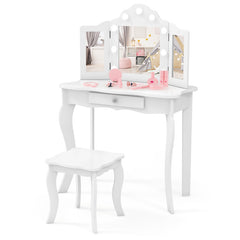 Kid Vanity Table Stool Set with Tri-Folding Mirror and 3-Color LED Lights