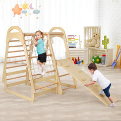 6-in-1 Wooden Kids Jungle Gym Playset with Slide Climbing Net