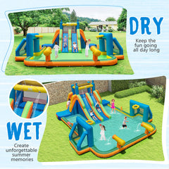 Kids Inflatable Water Slide with 2 Long Slides and 2 Soccer Gates with 1100W Blower