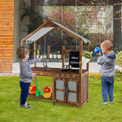 Kid's Mud Kitchen Outdoor Solid Wood Mud Kitchen with Canopy