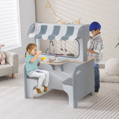Double Sided Kids Pretend Kitchen Playset with 2-Seat Cafe