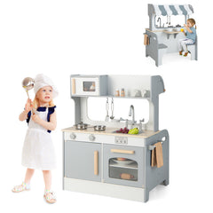 Double Sided Kids Pretend Kitchen Playset with 2-Seat Cafe