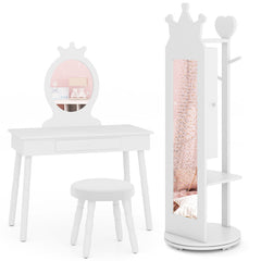 Kids Room Furniture Set Princess Vanity Table and Stool Set with Mirror and Drawer