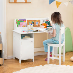 Wooden Kids Study Desk and Chair Set with Storage Cabinet and Bulletin Board