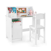 Wooden Kids Study Desk and Chair Set with Storage Cabinet and Bulletin Board