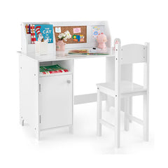 Wooden Kids Study Desk and Chair Set with Storage Cabinet and Bulletin Board