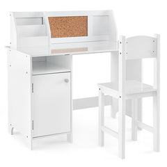 Wooden Kids Study Desk and Chair Set with Storage Cabinet and Bulletin Board