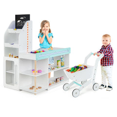 Wooden Kids Supermarket Playset with Cash Register and Shopping Cart