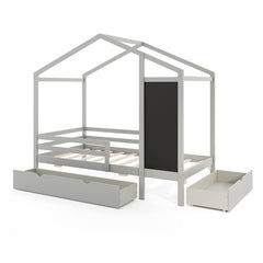 Kids Twin Size Bed with 2 Drawers Solid Wood Bed with Blackboard