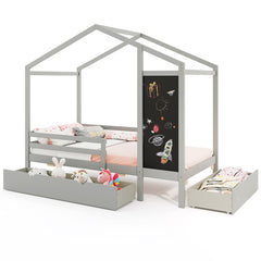 Kids Twin Size Bed with 2 Drawers Solid Wood Bed with Blackboard