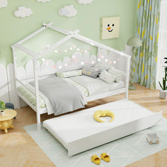 Kids Twin Size House Bed with Trundle and Roof