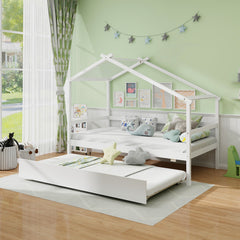 Kids Twin Size House Bed with Trundle and Roof