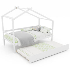 Kids Twin Size House Bed with Trundle and Roof