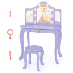 Kids Vanity Set with Tri-fold Lighted Mirror Detachable Top and Stool