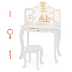 Kids Vanity Set with Tri-fold Lighted Mirror Detachable Top and Stool