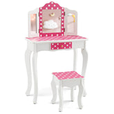 Kids Vanity Table and Stool Set with Cute Polka Dot Print