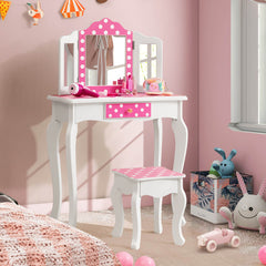 Kids Vanity Table and Stool Set with Cute Polka Dot Print