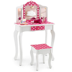 Kids Vanity Table and Stool Set with Cute Polka Dot Print
