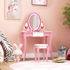 Kids Vanity Table and Stool Set with 360° Rotating Mirror and Whiteboard