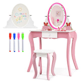 Kids Vanity Table and Stool Set with 360° Rotating Mirror and Whiteboard