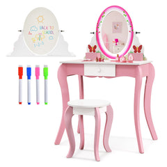 Kids Vanity Table and Stool Set with 360° Rotating Mirror and Whiteboard