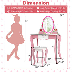 Kids Vanity Table and Stool Set with 360° Rotating Mirror and Whiteboard