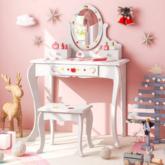 Kids Vanity and Stool Set with 360° Rotatable Mirror and Whiteboard