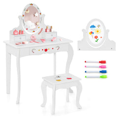 Kids Vanity and Stool Set with 360° Rotatable Mirror and Whiteboard
