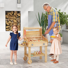 Kids Wooden Barbecue Grill Playset Pretend Kitchen with Food and Wheels