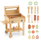 Kids Wooden Barbecue Grill Playset Pretend Kitchen with Food and Wheels