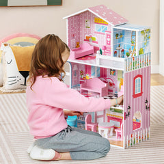 Kids Wooden Dollhouse Playset with 5 Simulated Rooms and 10 Pieces of Furniture