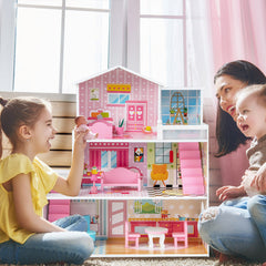 Kids Wooden Dollhouse Playset with 5 Simulated Rooms and 10 Pieces of Furniture