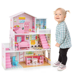 Kids Wooden Dollhouse Playset with 5 Simulated Rooms and 10 Pieces of Furniture