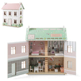 Kids Wooden Dollhouse 3 Level with Double-Sided Roofs and Doors