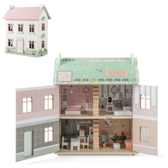 Kids Wooden Dollhouse 3 Level with Double-Sided Roofs and Doors