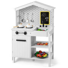 Kids Wooden Kitchen Play Set with Storage Shelves and Accessories