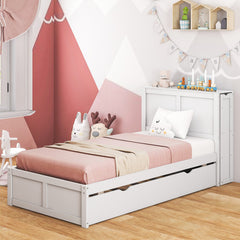 Twin/Full Kids Wooden Platform Bed with Trundle Storage Headboard