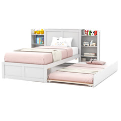 Twin/Full Kids Wooden Platform Bed with Trundle Storage Headboard