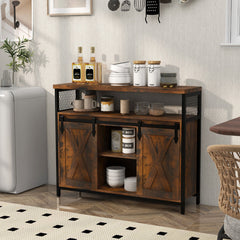Buffet Cabinet with 3-Level Adjustable Shelves and 2 Sliding Barn Doors