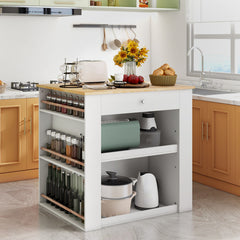 Modern Kitchen Island with Rubber Wood Countertop and Storage