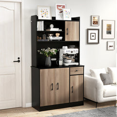 4-Door Freestanding Kitchen Buffet with Hutch and Adjustable Shelves