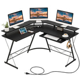 L-shaped Computer Desk with Power Outlet and Monitor Stand