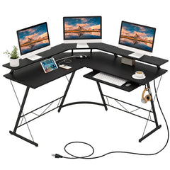 L-shaped Computer Desk with Power Outlet and Monitor Stand