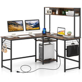 L-shaped Desk with Power Outlet Hutch